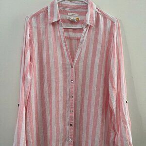 C&C California Women's Pink Linen Striped Long Sleeve Button-Up Shirt Size M